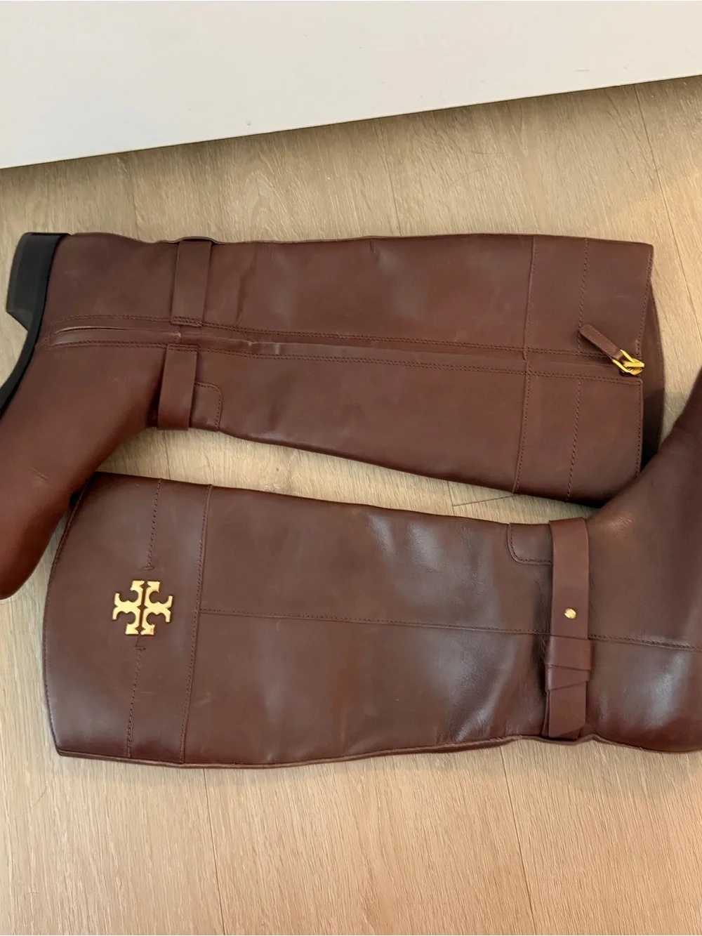 Tory Burch Chestnut Brown Leather Tall Riding Boots with Gold Logo